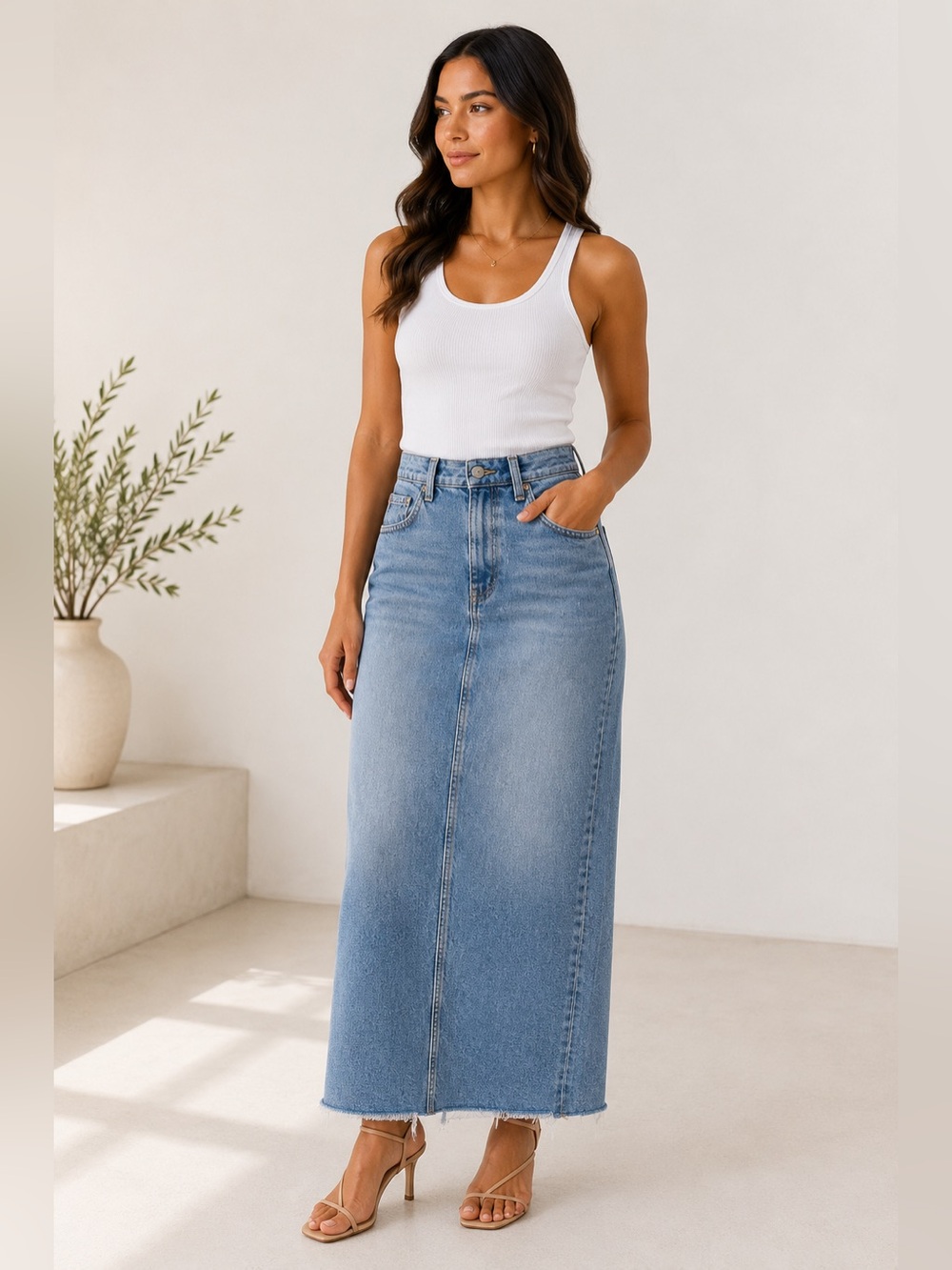 AG Adriano Goldschmied Contour 360 Denim Maxi Skirt Size 28  High Rise Back Slit